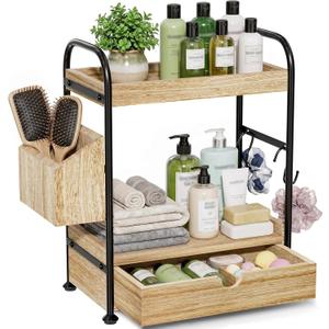 Kottwca 2-Tier Bathroom Counter Organizer with Drawer, Wooden Vanity Skincare Storage Shelf with Thickened Metal Frame, Countertop Shelf with Basket & Hooks for Makeup Organization,Light Brown