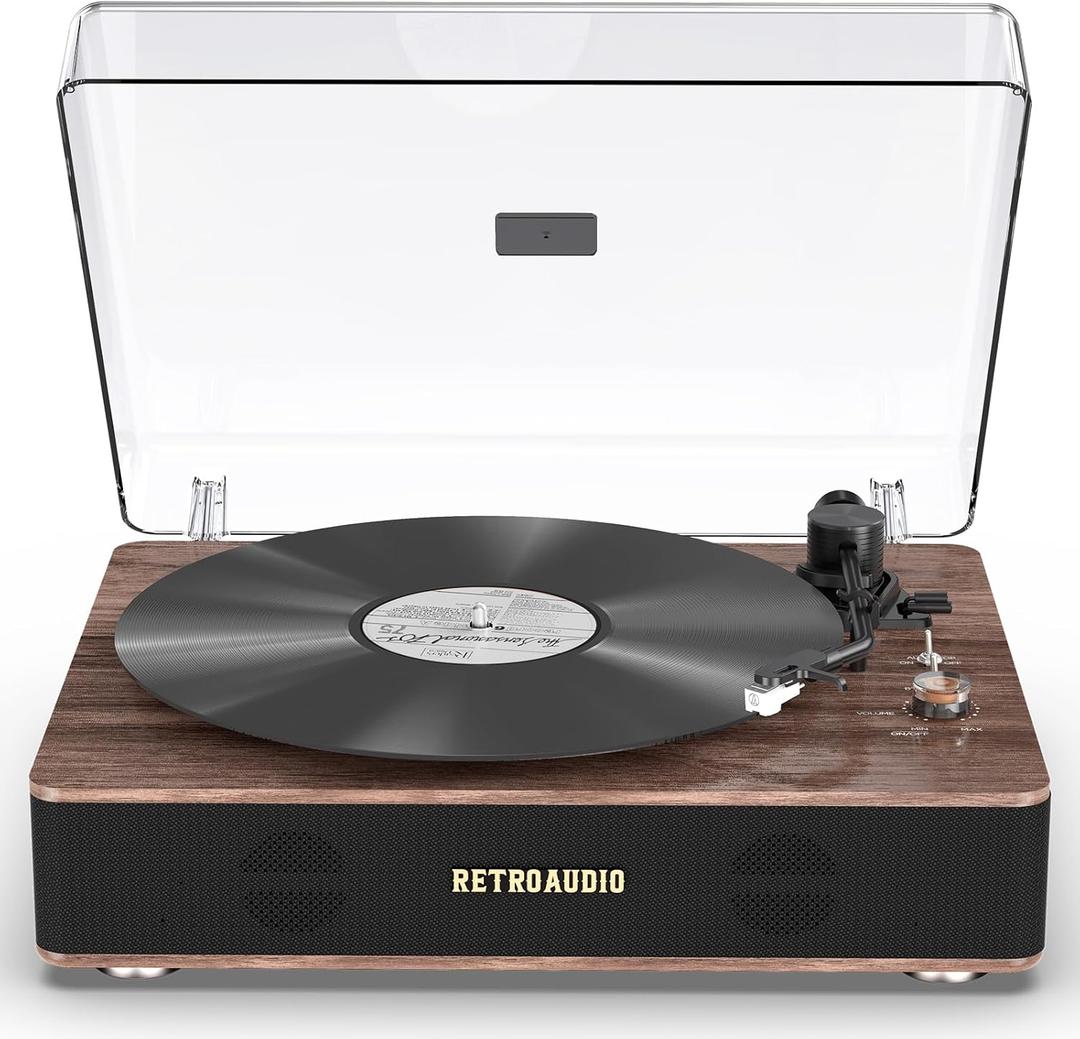 Record Player Belt Drive Turntable with Built-in Speakers High Fidelity Sound Vinyl Record Player with Magnetic Cartridge Bluetooth Playback Wireless and RCA Line Output