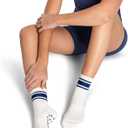 Kamo Fitness Pilates Socks with Grips for Women - Non-Slip Yoga, Barre Grip Sock - Grippy Cotton Crew Socks for Pilates, Yoga, Ballet, Reformer (White & Navy Touch, One Size)