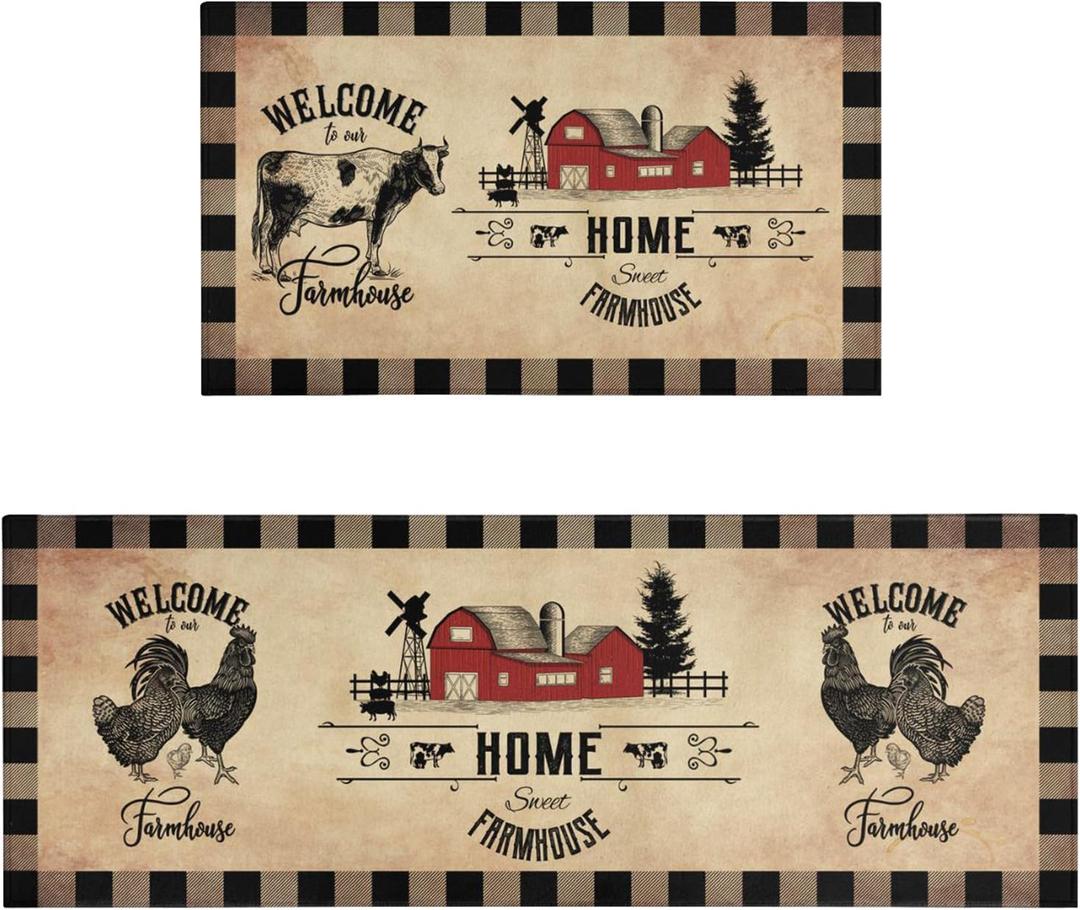 Farmhouse Kitchen Rugs Sets of 2 Decor Brown Country Rustic Cow Rooster Kitchen Rug Non-Slip Washable Farmhouse Kitchen Mats for Floor Farmhouse Kitchen Rugs Sets of 2 Decor Brown Country Rustic Cow Rooster Kitchen Rug Non-Slip Washable Farmhouse Kitchen Mats for Floor