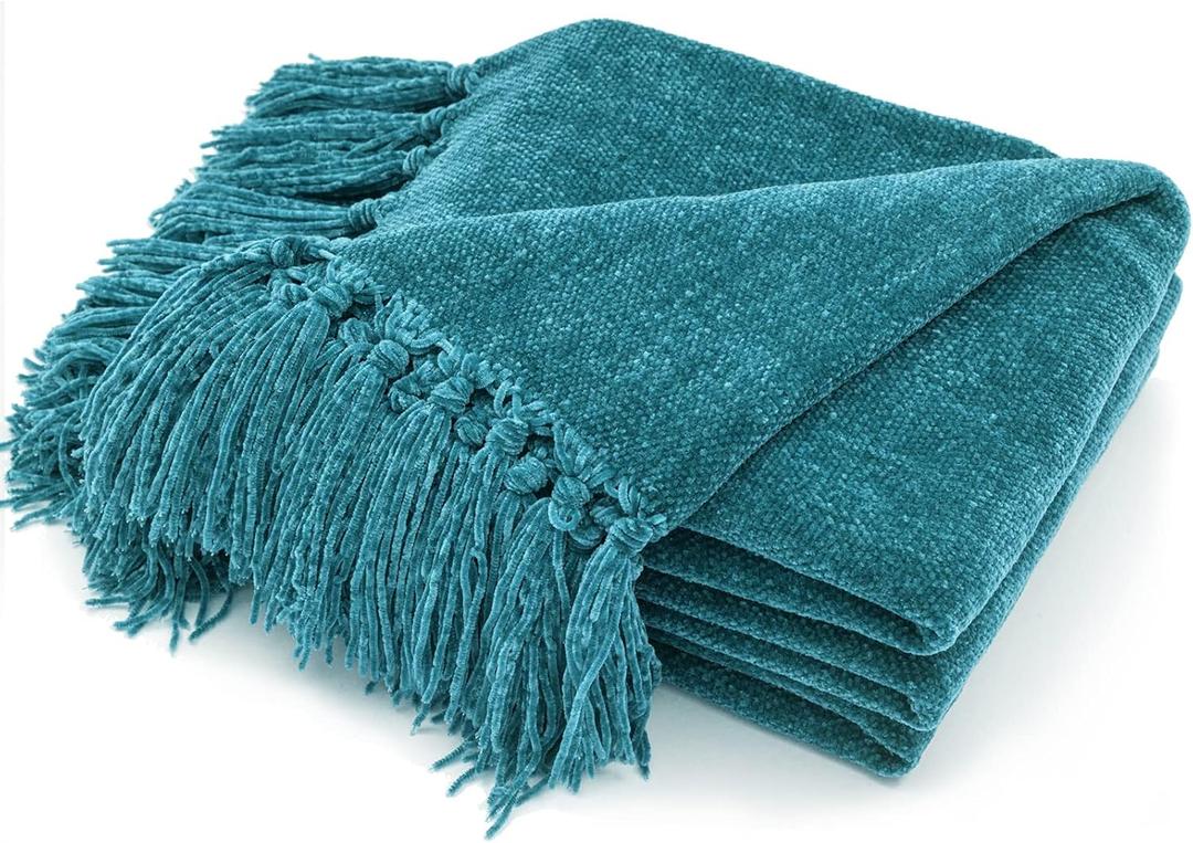 RECYCO Throw Blanket Soft Cozy Chenille Throw Blanket with Fringe Tassel for Couch Sofa Chair Bed Living Room (Teal, 50'' x 60'')