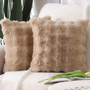 MADIZZ Pack of 2 Thick Plush Wool Throw Pillow Covers 18x18 Inch Camel Soft Neutral Decorative Throw Pillows Accent Boho Cushion Covers for Couch Sofa Bedroom Pillow Shell