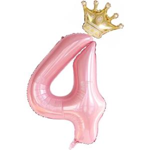40 Inch Pink Crown Number 4 Balloons Set, 4th Birthday Balloons for Girls, Childrens 4th Birthday Party Decorations. (4)