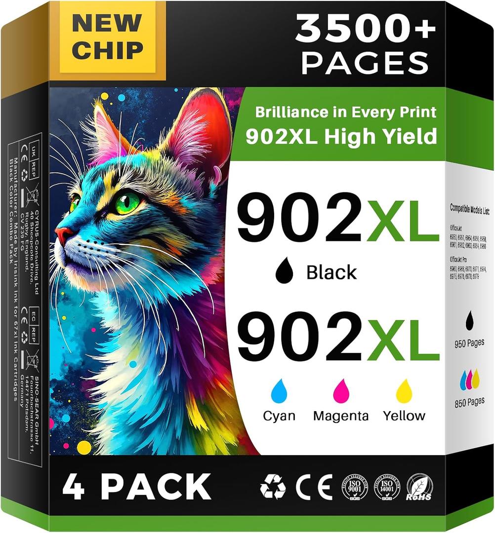 INK4U 902XL Ink Cartridges for HP Printers Compatible for HP 902XL Ink Cartridges Combo Pack Work with OfficeJet Pro 6978 6968 6970 6975 OfficeJet 6962 6954 6956 6958 Printers Ink (4 Packs)