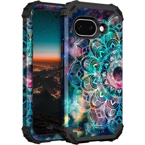 Hocase for Google Pixel 9a Case, Shockproof Heavy Duty Protection Hard Plastic+Silicone Rubber Bumper Hybrid Protective Case for Google Pixel 9a 6.3" 2025 - Mandala in Galaxy