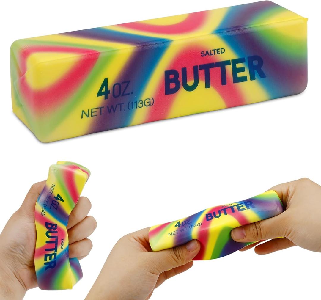 3 x Butter Squishy, Realistic Butter Stick Squishy Toys, Soft PU Foam Slow Rising Stress Relief Toy for Office, School & Daily Use, Funny Gag Gift for Kids Party Favors (Rainbow Pattern)