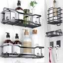 Shower Caddy Bathroom Shelves, The Athena Silken Black 4 Set, 40LB Capacity, Adhesive Tape - No Drill-Rustproof -Gorgeous Powder Coated 304 Stainless Steel Shower Organizer for kitchen and Home Decor