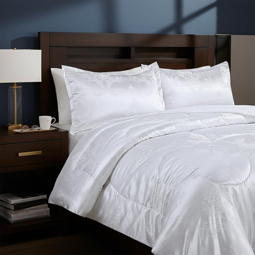 White King Size Comforter Set, 3pcs Silk Jacquard Ultra Soft Bed Comforter Set, Lightweight Quilt Blanket for King Bed (104x90inches)