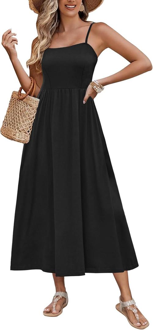 Zeagoo Women's Summer Casual Boho Sundress Spaghetti Strap Square Neck Flowy Midi Dresses A Line Beach Dress with Pockets (Large, A01-black)
