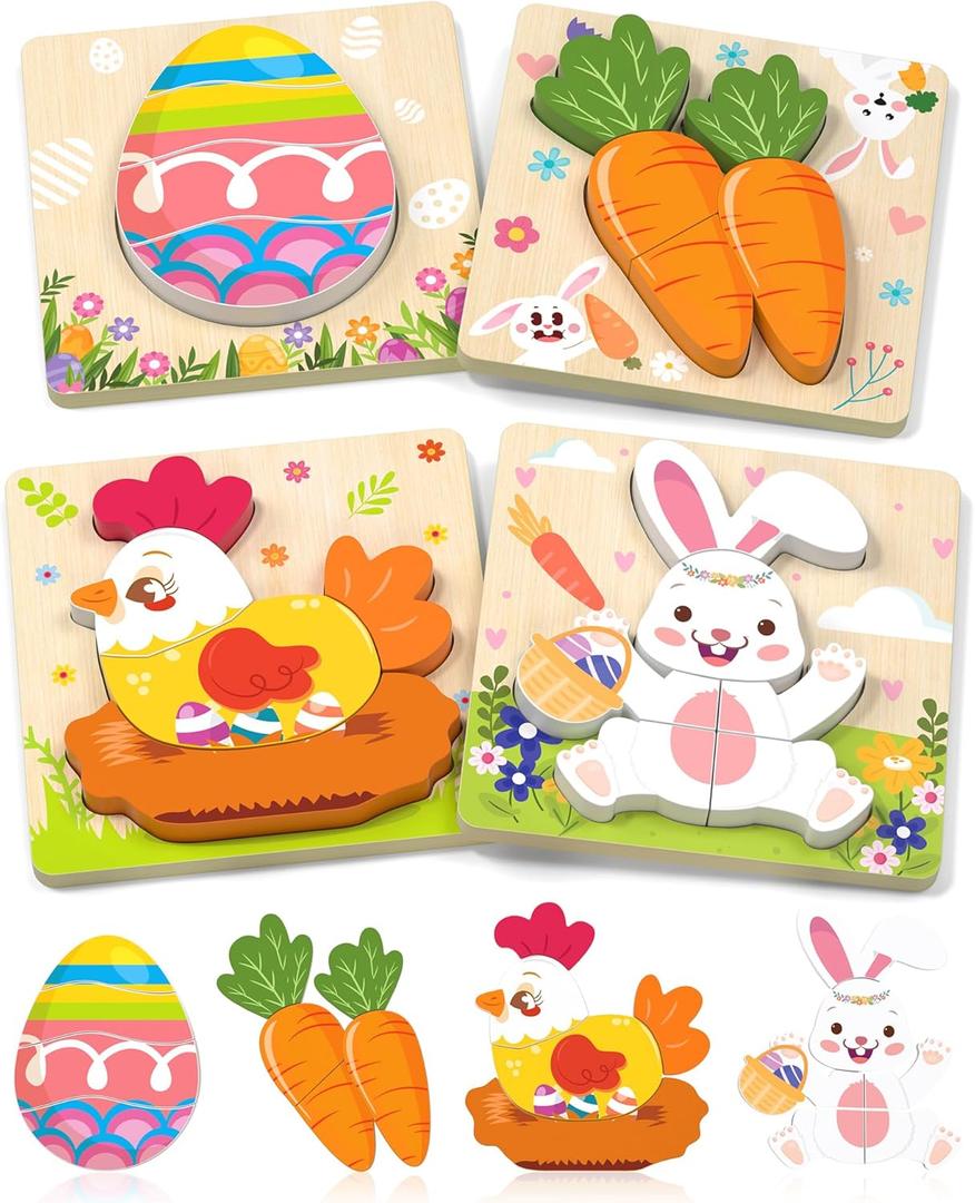Kidific Easter Wooden Puzzles Toys for Toddler, 4 Pack Easter Basket Stuffers Party Favors Birthday Gifts Essentials Montessori Toys Puzzles for Kids Girls Boys