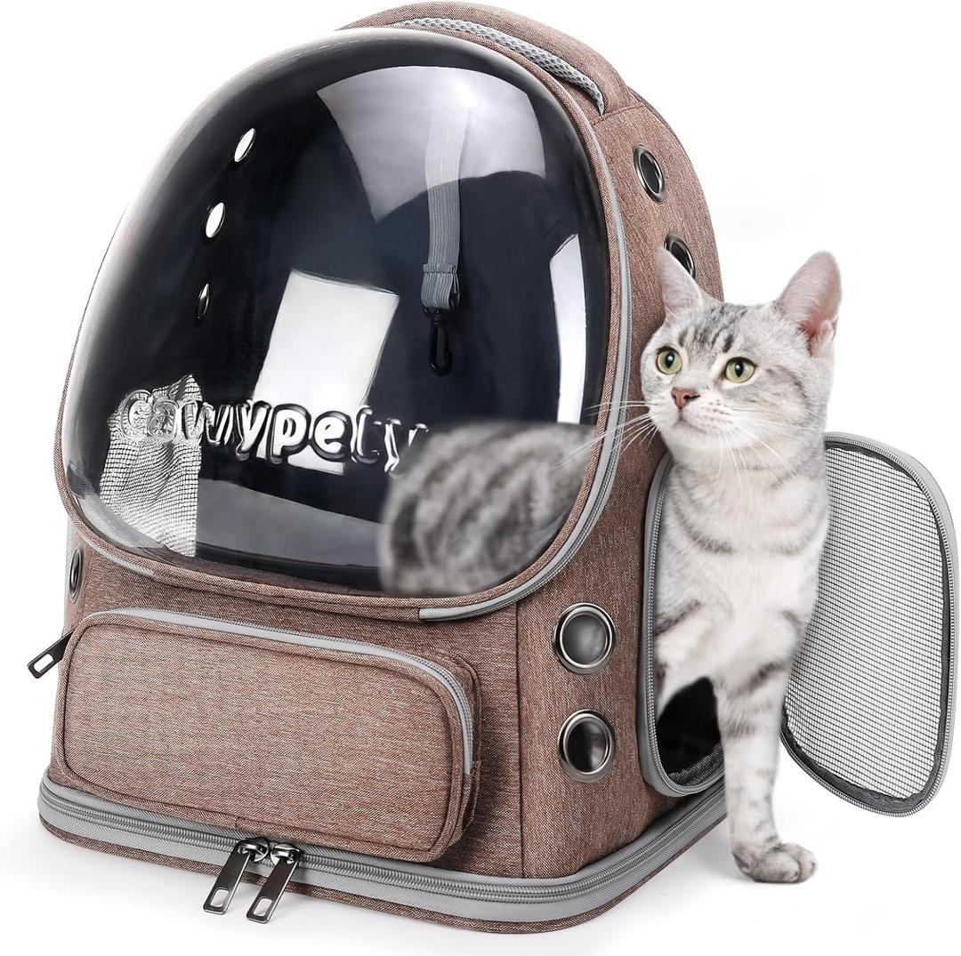 Cat Backpack Carrier, Breathable Cat Carrier Large Space Bubble Pet Backpack for Kitty Small Dog up to 15lbs, Transparent & Foldable Pet Carrier for Travel Hiking (Khaki)