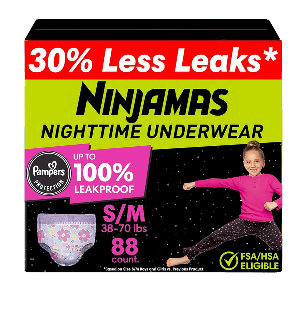 Ninjamas Girls Bedwetting Nighttime Underwear, Size S/M (38-70 lbs), 88 Count, Overnight Protection, Ultra Absorbent, Hypoallergenic