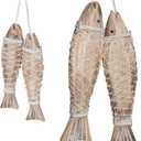 4 Packs Wooden Fish Sculpture for Wall Art, Nautical Hand Carved Wood Fish Decor with Fishing Net for Lake House Beach Theme Wall Home Decoration (Natural, Wood)