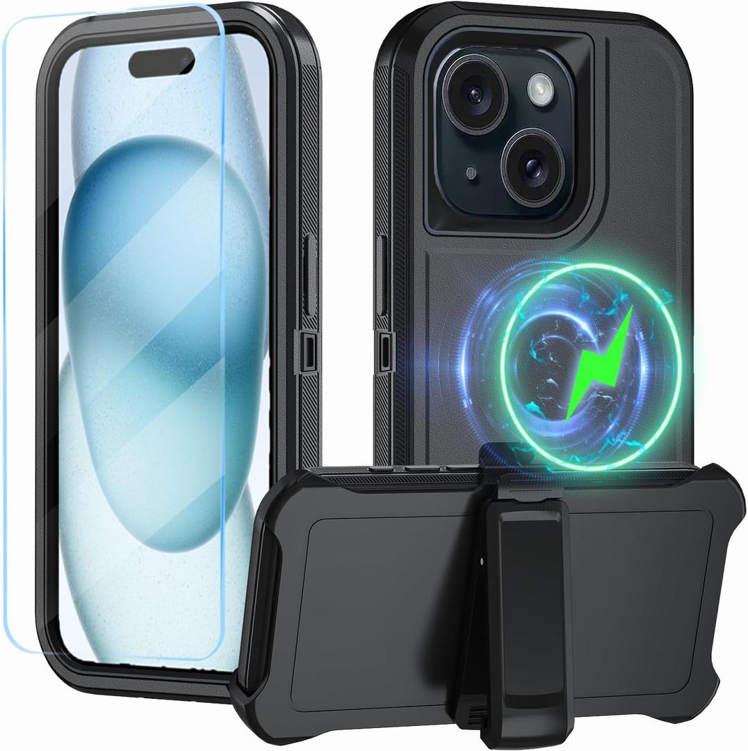 Magnetic for iPhone 15 Plus Case,with Belt Clip,[Compatible with Magsafe] W/Tempered Glass Screen Protector,Anti-Drop,Shockproof,Heavy Duty Protection (Black)