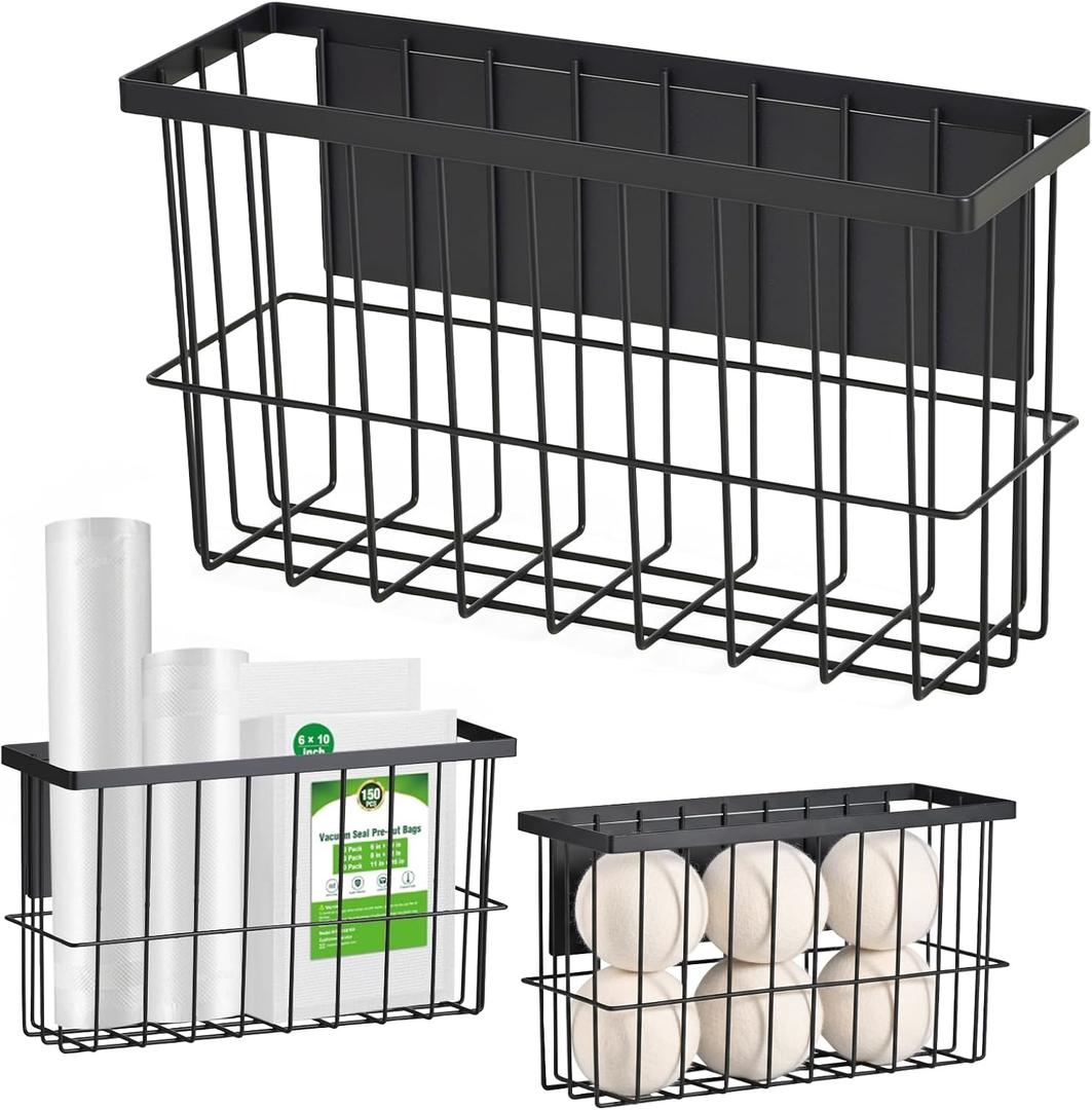 FAMNONE 1 Pcs Magnetic Basket Fridge Dryer Ball Holder for Laundry Room Organization and Storage, Magnetic Lint Bin Home Organization for Laundry Room, Kitchen & Office Class School (Black, L-1pcs)