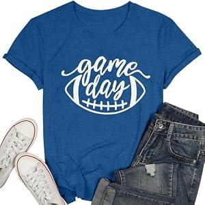 Game Day Football T Shirts Women Cute Football Graphic Tee Tops Funny Sunday Casual Short Sleeve Tee Shirts Azure Blue L