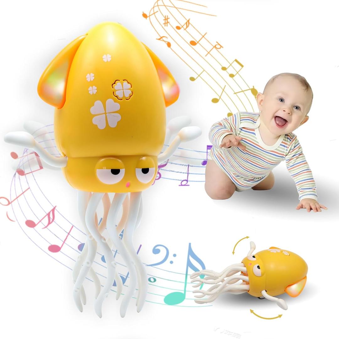 Pbooo Magic Dancing Octopus Toy, Electric Crawling with LED Lights and Music, Rechargeable Music Squid Baby Toy for 3-6 Year Olds, Tummy Time and Toddler Walking Toy, Birthday Gift, Yellow