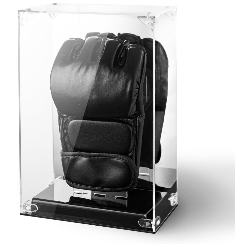 MMA Glove Display Case with Mirror Back, Single Holder, Acrylic Kickboxing Sparring Glove Half Finger Boxing Glove Display Case with Solid Base Stand, Watch The Video to Assemble
