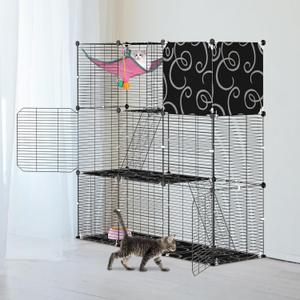 3-Tier Cat Cage, Indoor Cat Enclosures with Hammock Toy Bal Ladders, DIY Cat Playpen Detachable Metal Wire Kennels Kitten Crate Cats House Large Exercise Place for 1-2 Cats/Kitten, 42"x14"x42"