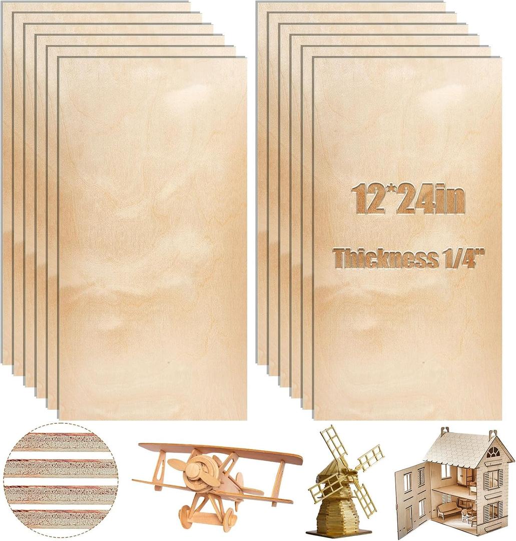Juexica 12 Pcs 6 mm Birch Plywood 12 x 24 Inch Craft Wood Unfinished Plywood Sheets for DIY Projects Wood Engraving Burning Drawing Painting Laser Projects