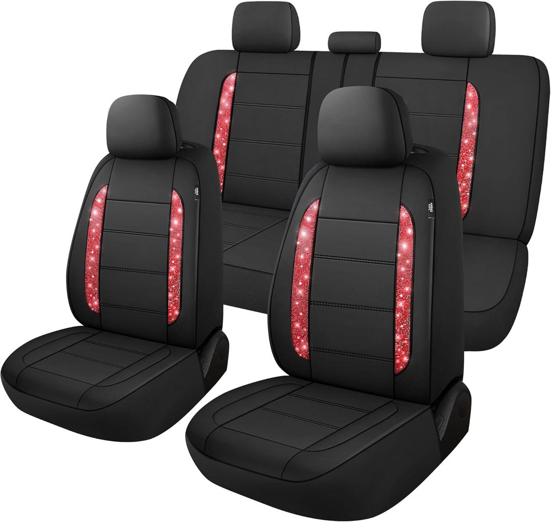 CAROMOP Bling Leather Car Seat Covers Full Set for Cute Women Girl-Shining Rhinestone Waterproof Seat Cover for Automotive,Universal Fit Most Cars Sedans SUVs Trucks(Red Diamond)