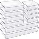 Criusia Drawer Organizer, 10 Pack Large Clear Plastic Set, 3 Size Versatile Bathroom and Vanity Organizer Trays, Storage Bins for Makeup, Bedroom, Kitchen Utensils