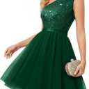 BeryLove Womens Sequin Homecoming Formal One-Shoulder Cocktail Dress for Teens (Small, Tulle Dark Green)