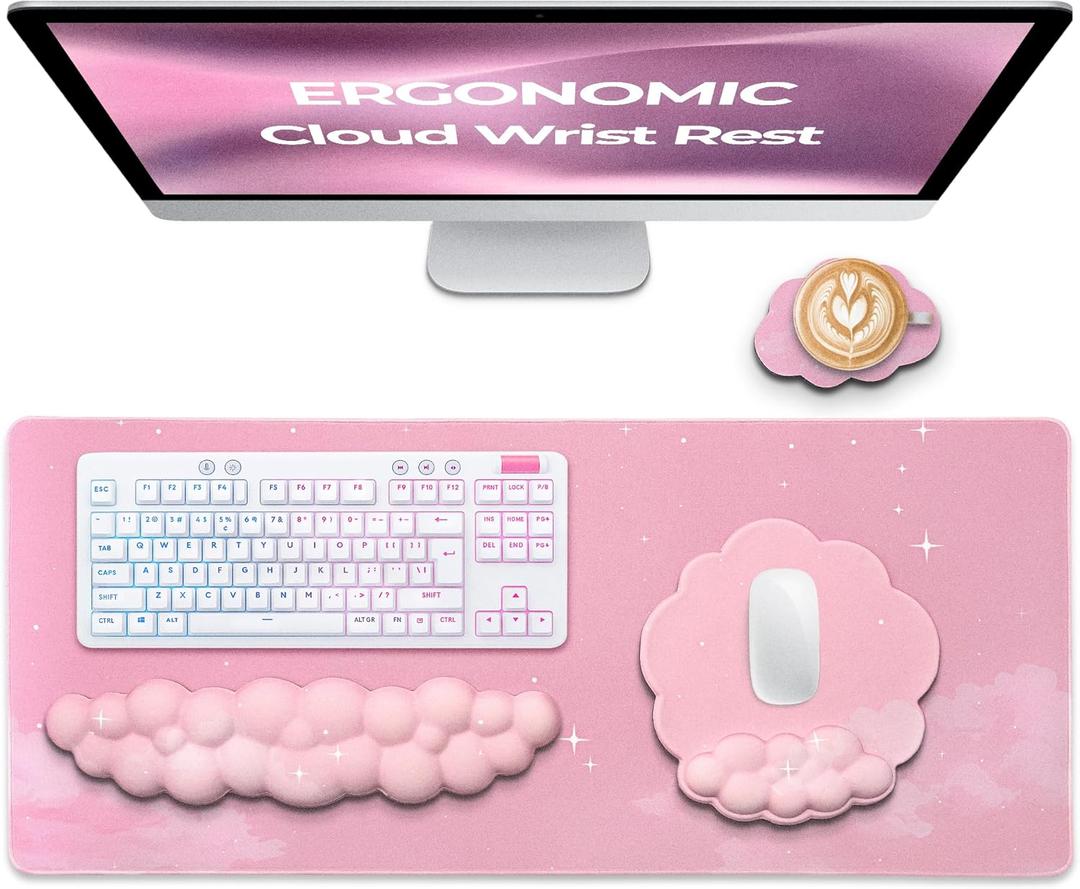 Premium Quality Cloud Wrist Rest Keyboard & Mouse Pad Set  Ergonomic Memory Foam Desk Accessories with Wrist Support for Office & Gaming  Pink