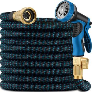 50 ft Expandable Garden Hose - 2025 New Kink Free Flexible Water Hose 50ft with 10 Pattern Spray Nozzle, 3/4 Solid Brass Connectors, Retractable Latex Core - Lightweight Expanding Hose (Blue Black)