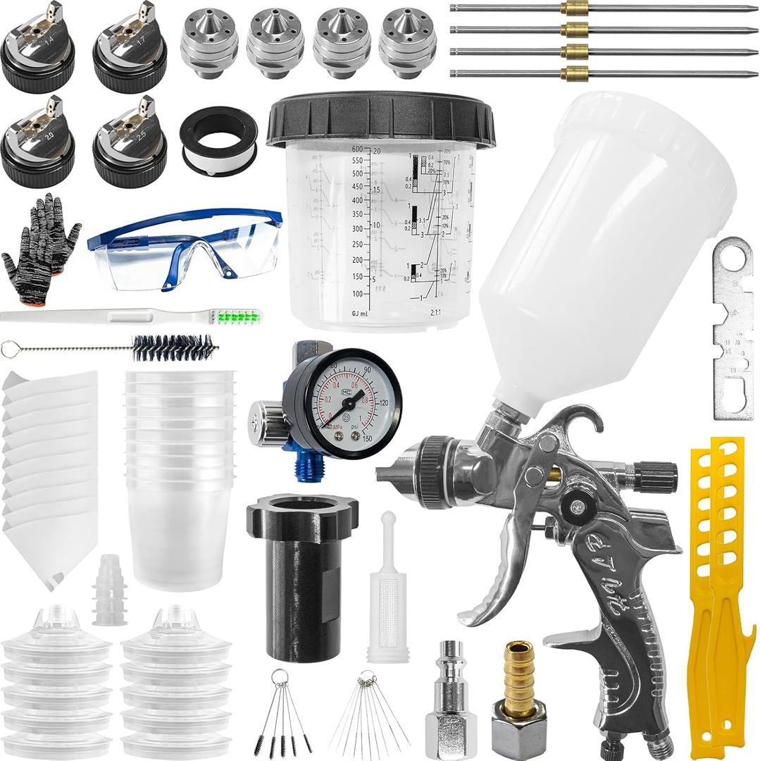 HVLP Paint Spray Gun Kit with 1.4/1.7/2.0/2.5mm 4 Nozzles & Air Compressor Regulator, 10Pcs 650ML Disposable Paint Cups, Gravity Feed Air Paint Gun for Painting Cars, Furniture & DIY (Black)