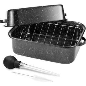 21Inch Roasting Pan, Extra Large Rectangle Roasting Pan With Rack, 25lb Capacity, Large Roaster pan for Baking Turkey, V-Rack and Versatile Lid Bone Turkey Baster by DIMESHY