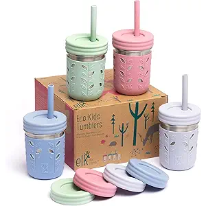 Elk and Friends 10oz Stainless Steel Kids + Toddler Drinking Cups | The Original Mason Jar with Sleeves + Lids | Silicone Straws | Smoothies | Storage Jar | Spill Resistant | Dishwasher Safe | 4 Pack