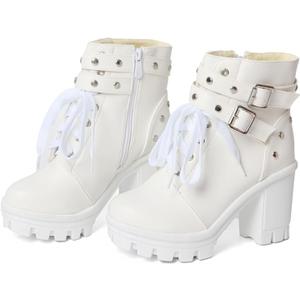 Goth Boots Chunky Heel Boot For Women Ankle Combat Booties Black Platform Bootie Buckle Rivets Punk Goth Shoes With Zipper (10.5)
