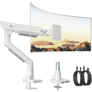 monTEK Sleek Aluminum Monitor Arm for 1757 Ultrawide Screens up to 59.4 lbs, USB 3.0 A/C, Heavy Duty Single Monitor Arm Desk Mount, Pneumatic Lift, Quick-Release Plate, Clamp/Grommet, VESA 100x100 (White)
