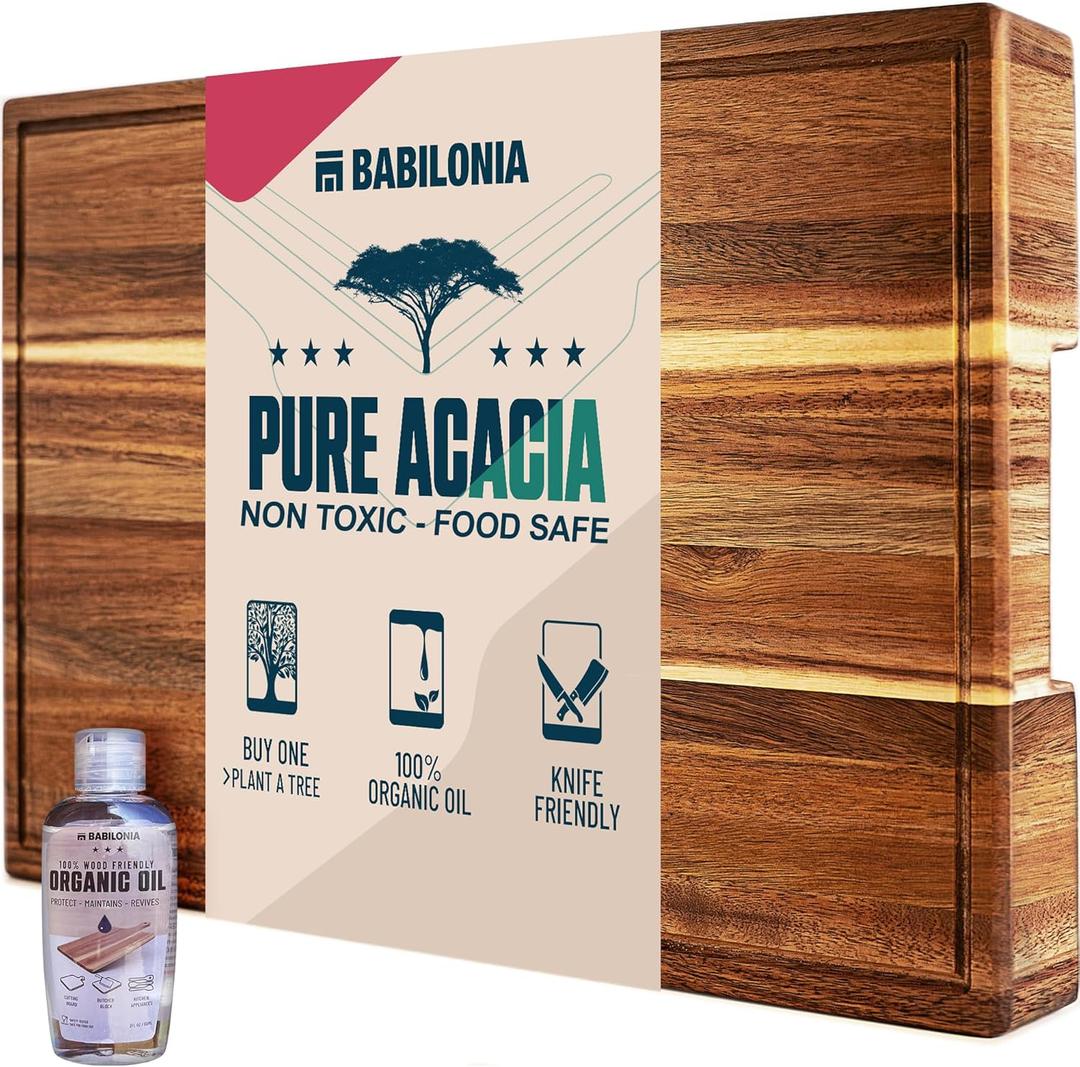 Acacia Wood Cutting Board for Kitchen, 15.7 x 10.2 Inch (ExtraThick 1.6") Wooden Chopping Board for Meat, Cheese, Charcuterie Boards with Handles. Premium Quality Butcher Block (Oil & Plate Included)