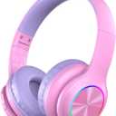 Bluetooth Kids Headphones Fit for Aged 3-21, Colorful LED Lights Comfort Wireless Headphones with Microphone 94dB Volume Limited for School/iPad/PC/TV/Cellphones, Wired & TF Card Mode, Pink