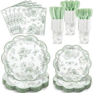 NatNarr 175 Pcs Sage Green Floral Plates and Napkins 25 Guest Scalloped Toile Chinoiserie Party Supplies Includes Floral Plates Napkins Cups Plastic Cutlery for Wedding, Bridal&Baby Shower, Tea Party