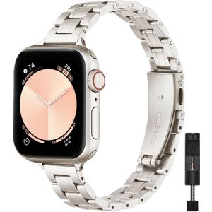 STIROLL Thin Replacement Band Compatible for Apple Watch 49mm Ultra 3 2 1, 46mm Series 11 10,45mm Series 9 8 7, 44mm Series 6 5 4 SE, 42mm Series 3 2 1, Stainless Steel Metal Wristband iWatch Bands for Women, Starlight(No Case)