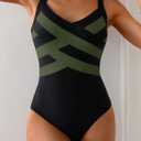 One Piece Swimsuit for Women Modest Full Coverage Bathing Suit Slimming Color Block V Neck Swimwear (XXL)