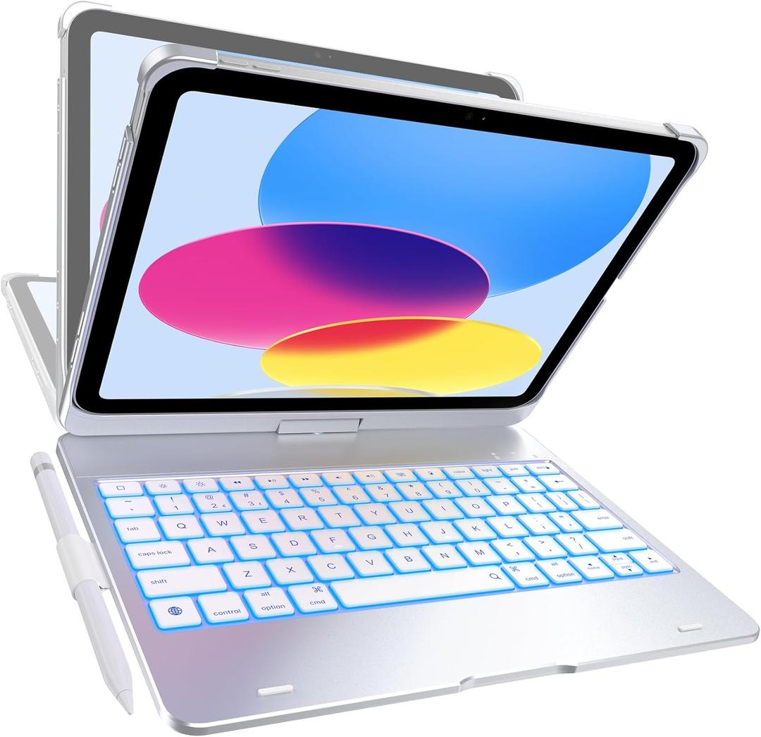 typecase Flexbook Keyboard Case for iPad 11th (A16, 2025) and iPad 10th Gen (10.9", 2022)  No Trackpad, 11-Color Backlight, 360 Rotatable, 7 Use Modes, Thin & Lightweight  Silver