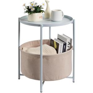 danpinera Round Side Table with Fabric Storage Basket, Metal Side Table Small Bedside Nightstand with Removable Tray Top for Living Room, Bedroom, Nursery, Laundry, Blue-Gray, round, 17.71-inch diameter, 20.47-inch height
