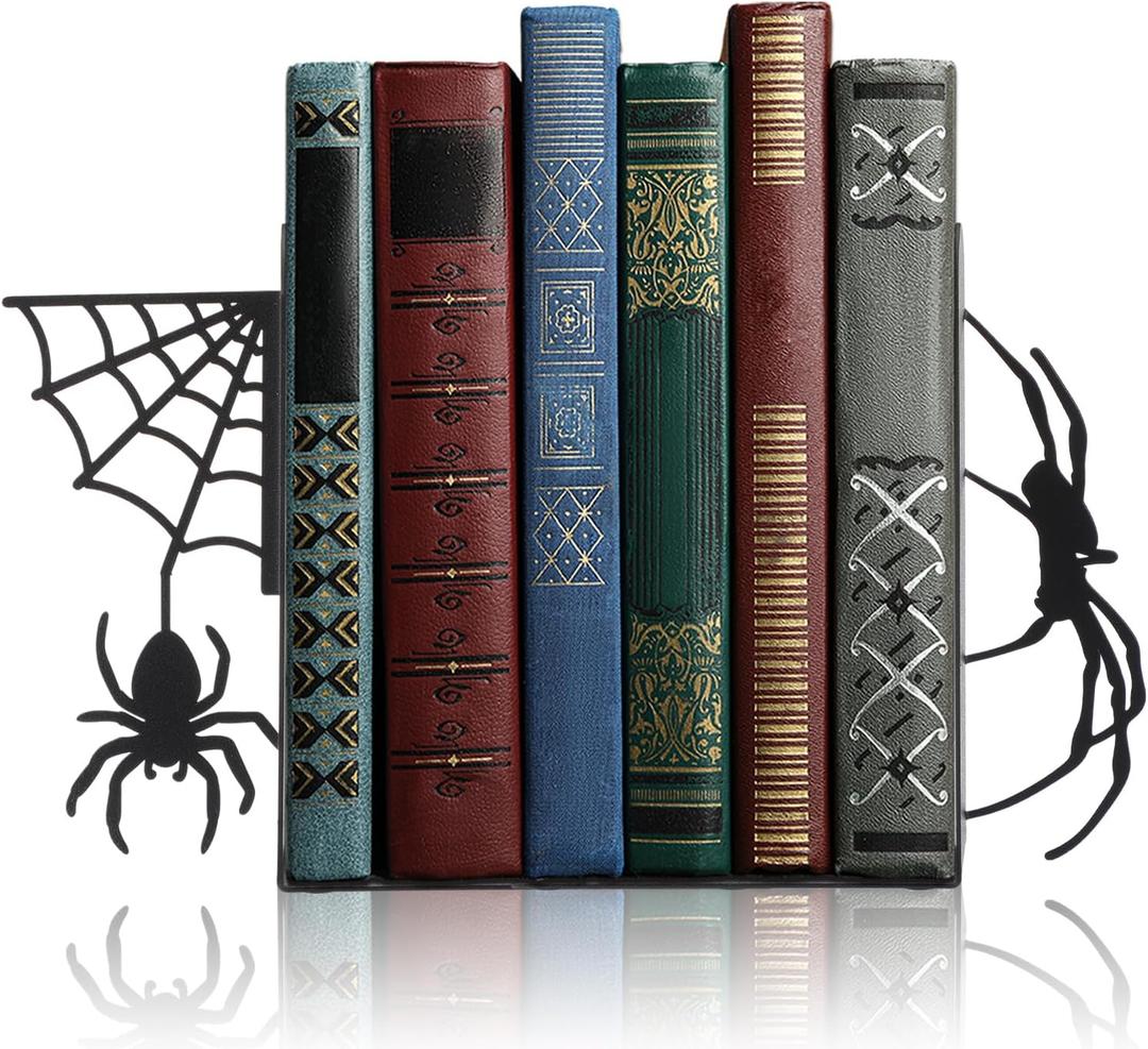 Geelin Creepy Spider Metal Bookends Set of 2 Styles Gothic Black Spider and Web Book Ends for Shelves Scary Home Office Desk Bookshelf Decor Gift for Book Lovers Reading Enthusiasts