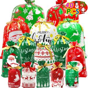 40 PCS Christmas Drawstring Gift Bags Assorted Sizes Drawstring Christmas Bags for Gifts with Rope for Xmas Holiday Presents Party Favor