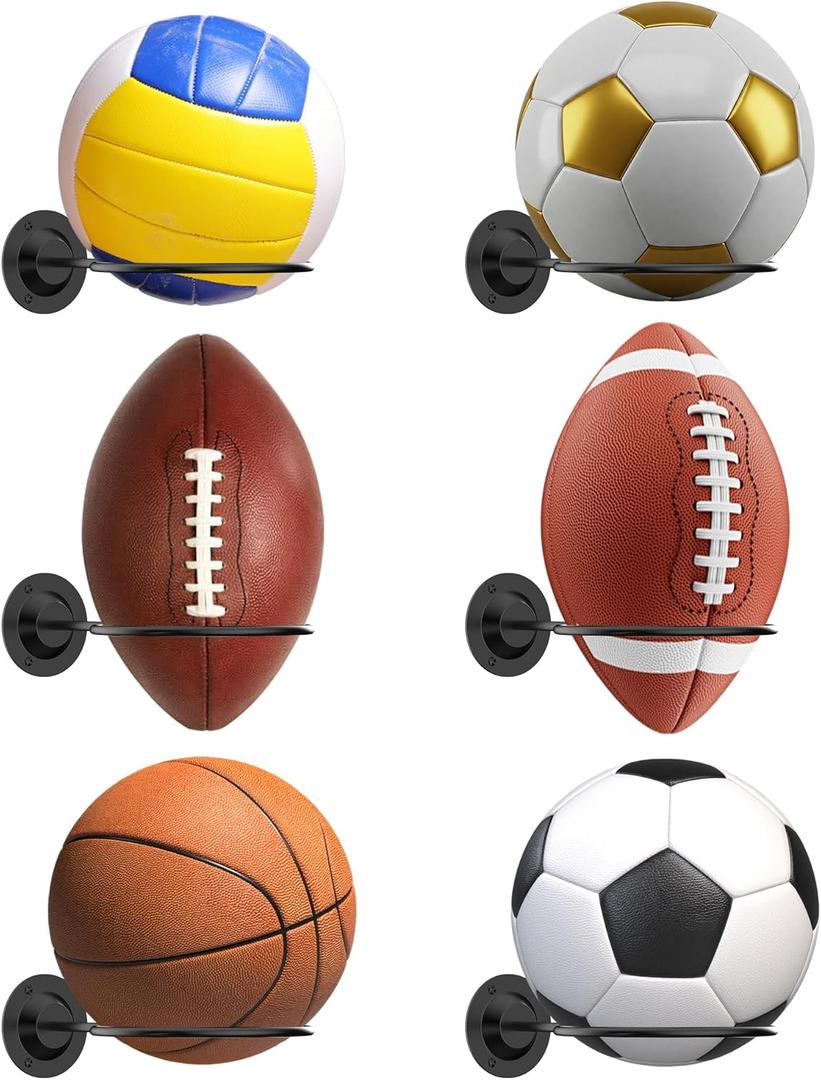 S SUCHEK Basketball Holder Wall Mount, Ball Holder Wall Mount, Ball Display Wall Storage for Basketball, Soccer Ball, Volleyball, Football, Rugby(6 Pieces, Black)