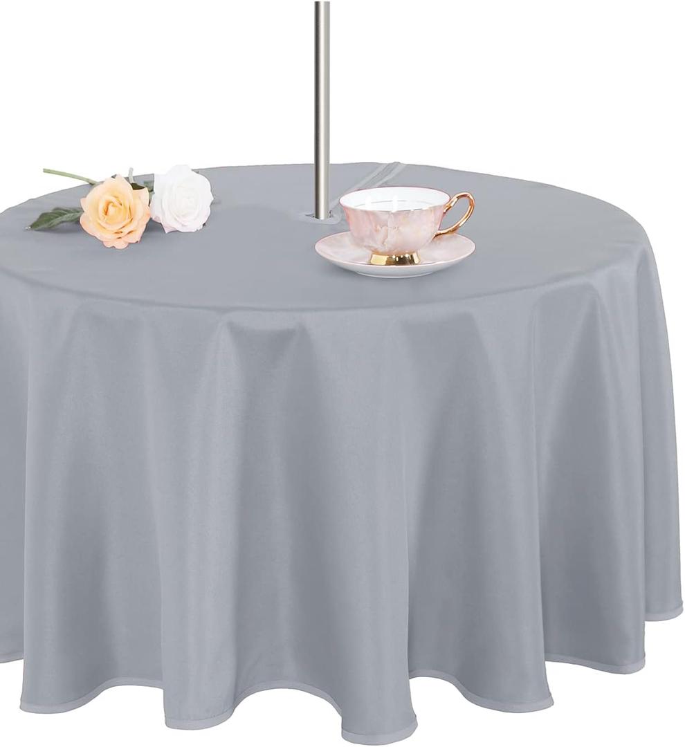 Fitable Table Cover Outdoor and Indoor Tablecloth - Washable Waterproof Wrinkle Free Table Cloth with Zipper and Umbrella Hole for Spring/Summer/Party/Picnic/BBQS/Patio Silver Grey 60R
