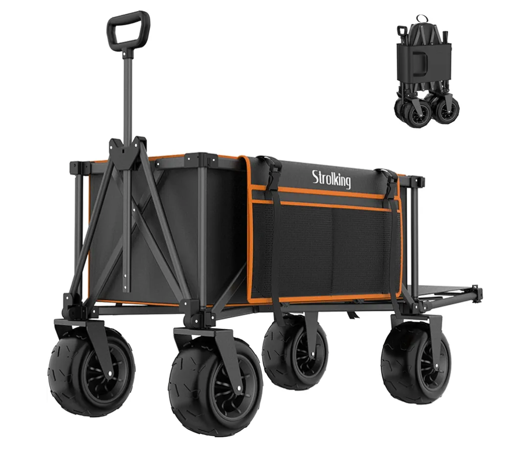 51" L Beach Wagon with 9" Sand Wheels,260L Collapsible Beach Cart with Rear Tailgate,Heavy Duty Wagon for Sand, Camping, Fishing and Sport, Black