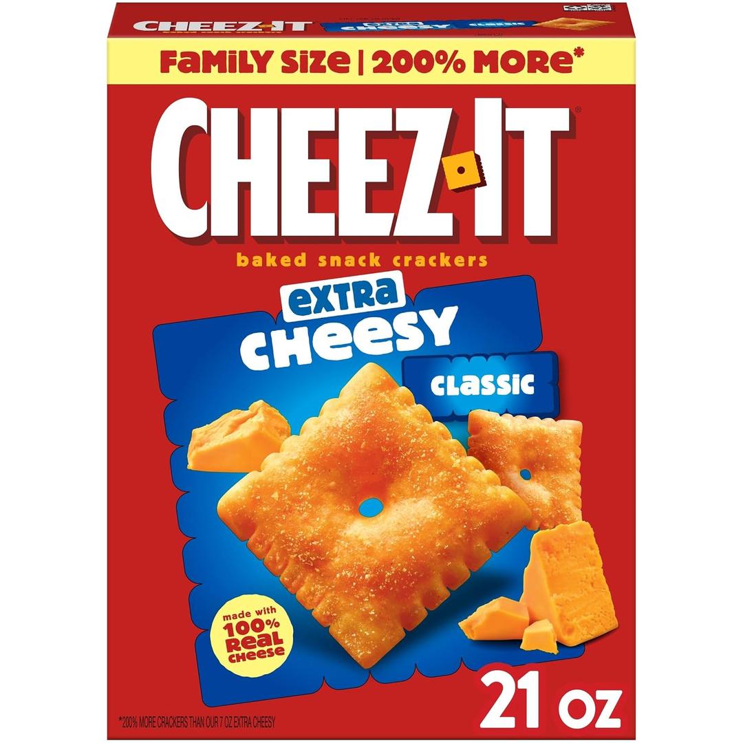 Cheez-It Cheese Crackers, Baked Snack Crackers, Lunch Snacks, Family Size, Extra Cheesy, 21oz Box (1 Box) (EXP 05/15/26)