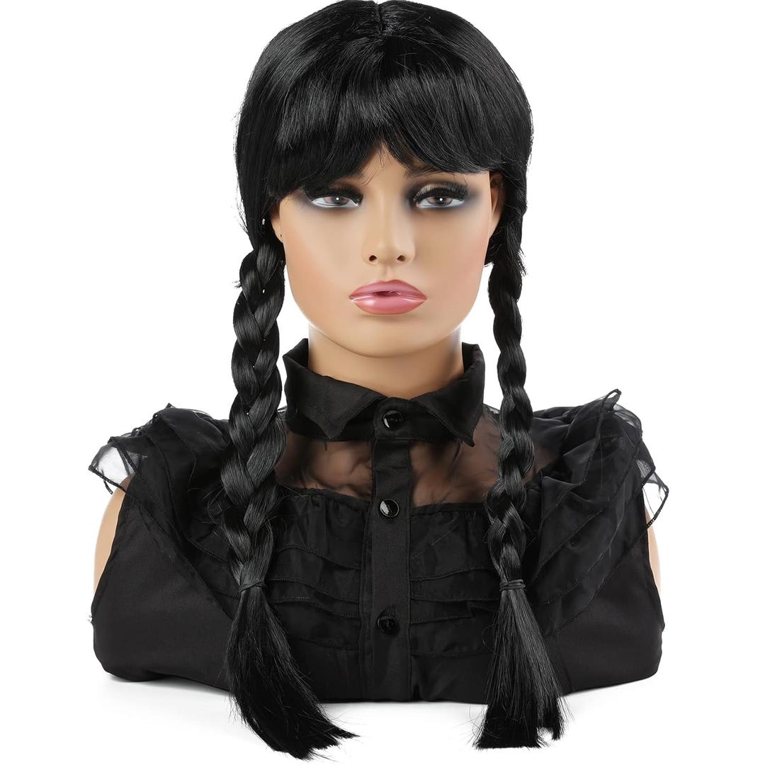 Long Black Braided Wig with Bang for Kids Girls Gothic Party Cosplay Hair for Halloween Costume Dress-up