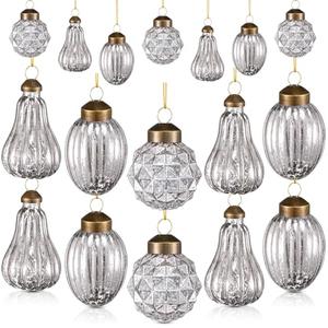 Deekin 22 Pcs Christmas Tree Glass Ornaments Set Mini Vintage Christmas Tree Decoration Xmas Rustic Hanging Glass Ornaments with Loop for Holiday Party Decor, 3 Styles(Silver)