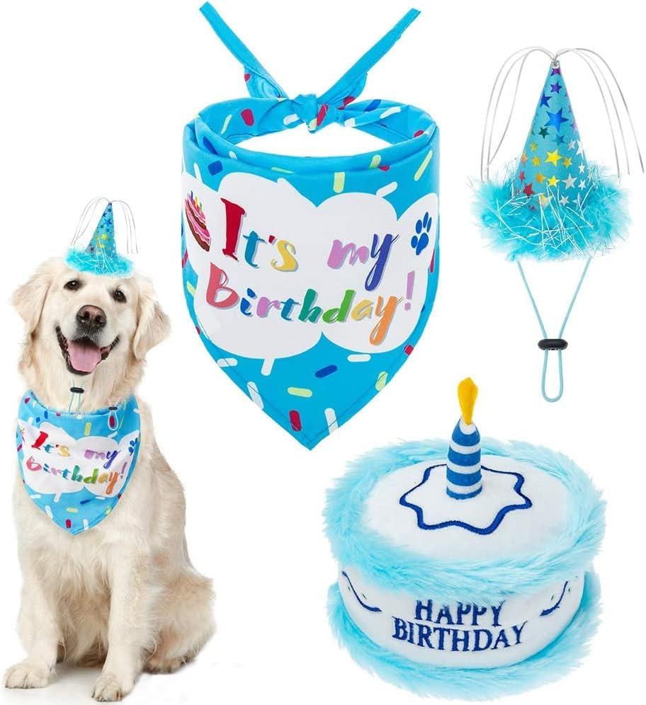 EXPAWLORER Dog Birthday Bandana Set - Cute Hat and Squeaky Cake Toy for Birthday Party Supplies Gift - Great for Small Medium Large Dogs Blue